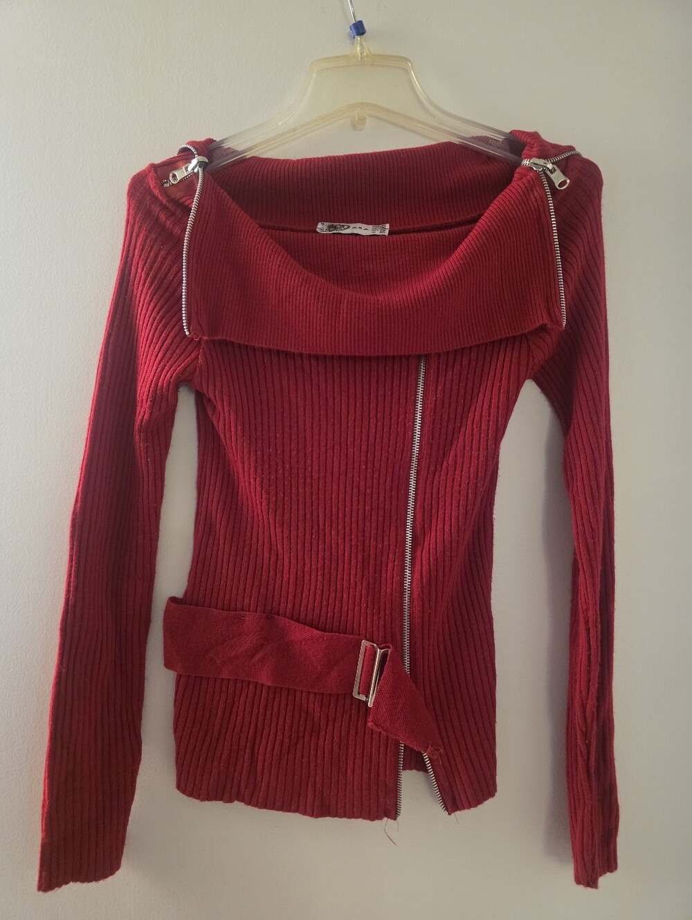 Red Ribbed Off-Shoulder Zip Sweater with Belt